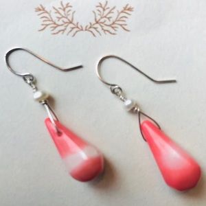 Pink Coral Pearl Silver Teardrop Earrings
